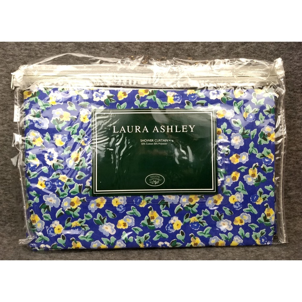 Laura Ashley Fabric Shower Curtain Floral Gingham Blue No Iron Washable Rare NEW